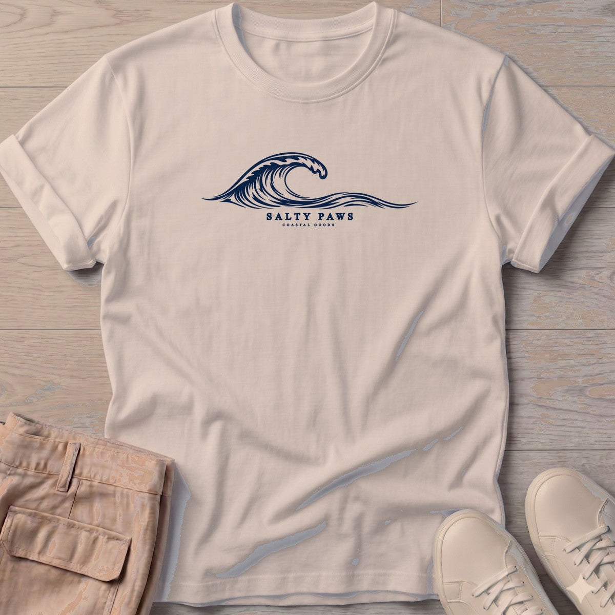 Salty Paws Coastal Wave T-Shirt in Sand, Salty Paws T-Shirt, front design flat lay