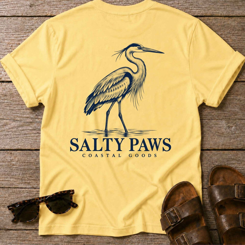 Great Blue Heron Coastal Goods Back Design T-Shirt in Daisy, Salty Paws T-Shirt, back design flat lay