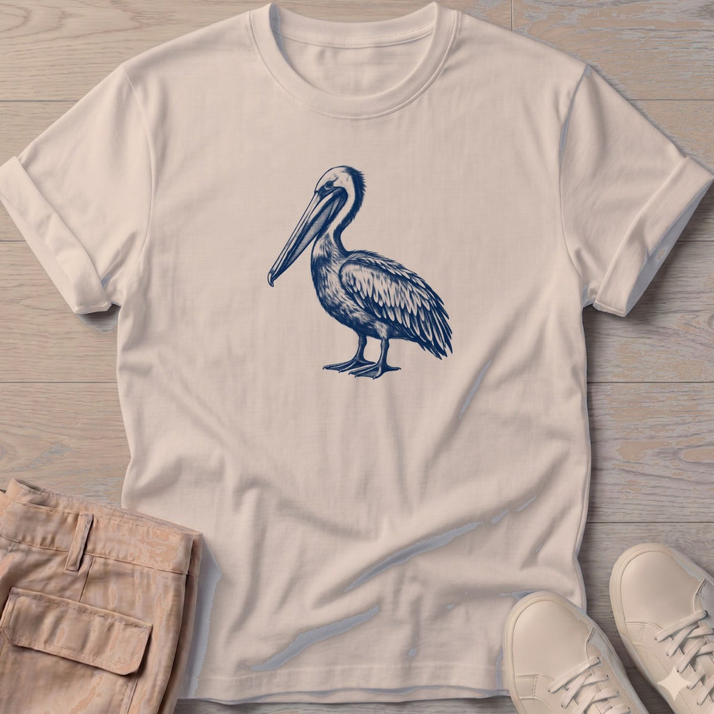 Navy Pelican Portrait T-Shirt in Sand, Salty Paws T-Shirt, front design flat lay