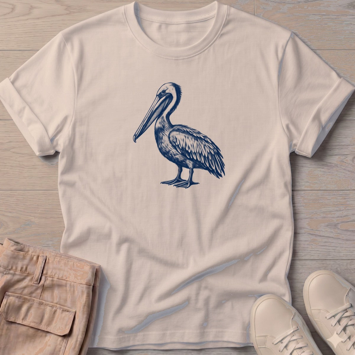 Navy Pelican Portrait T-Shirt in Sand, Salty Paws T-Shirt, front design flat lay