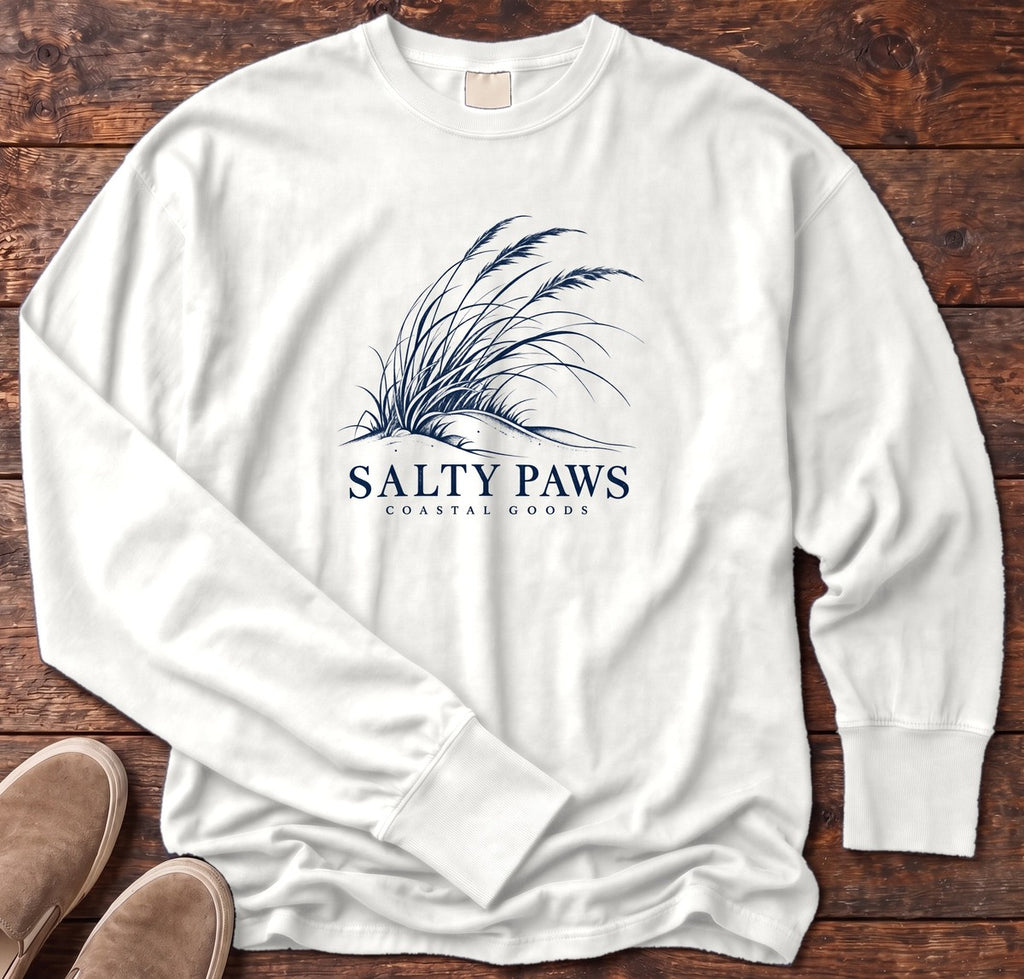 Salty Paws Dune Grass Long Sleeve Tee in White, Salty Paws Comfort Colors Long Sleeve Tee, front design flat lay