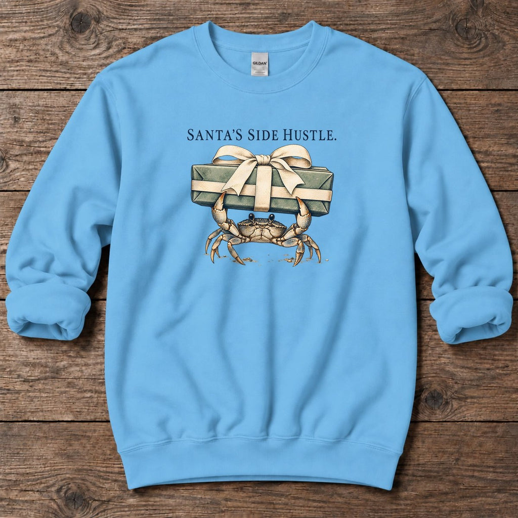 Santa's Side Hustle Crab Midweight Sweatshirt in Sky, Salty Paws Midweight Sweatshirt, front design flat lay