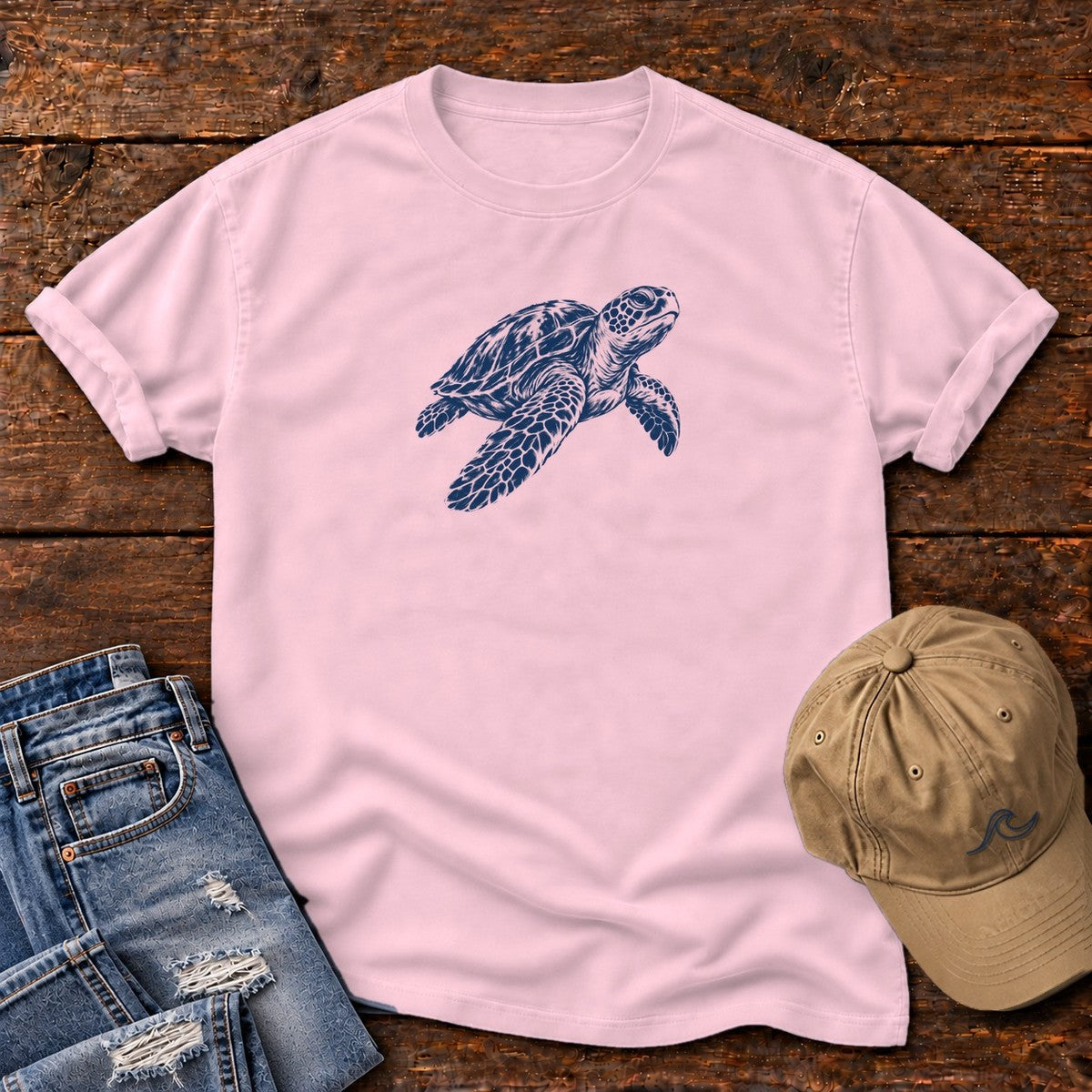 Sea Turtle T-Shirt in Blossom, Salty Paws Comfort Colors T-Shirt, front design flat lay