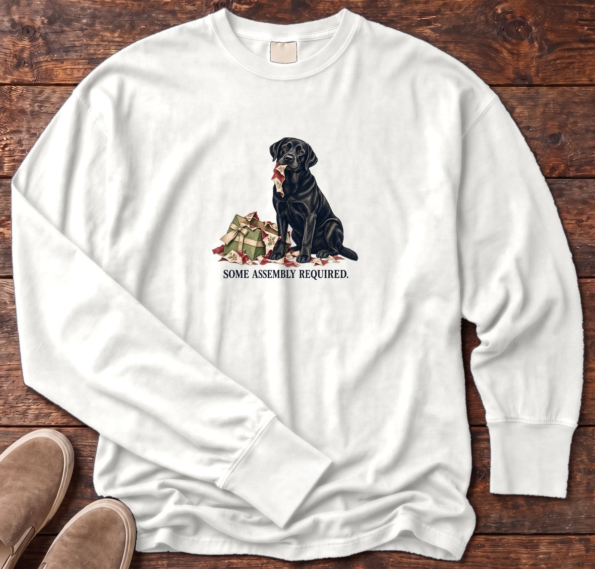 Some Assembly Required Black Lab Long Sleeve Tee in White, Salty Paws Comfort Colors Long Sleeve Tee, front design flat lay