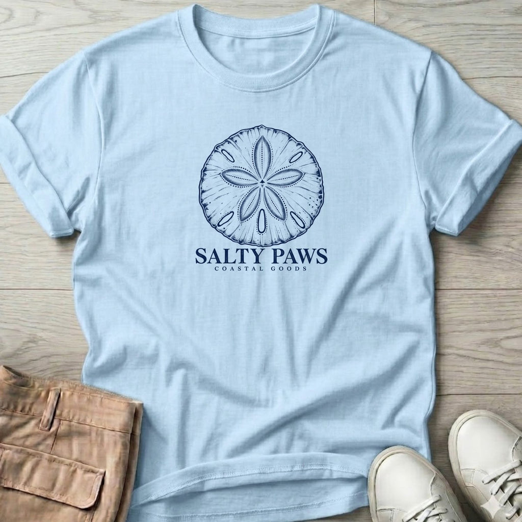 Sand Dollar T-Shirt in Light Blue, Salty Paws T-Shirt, front design flat lay