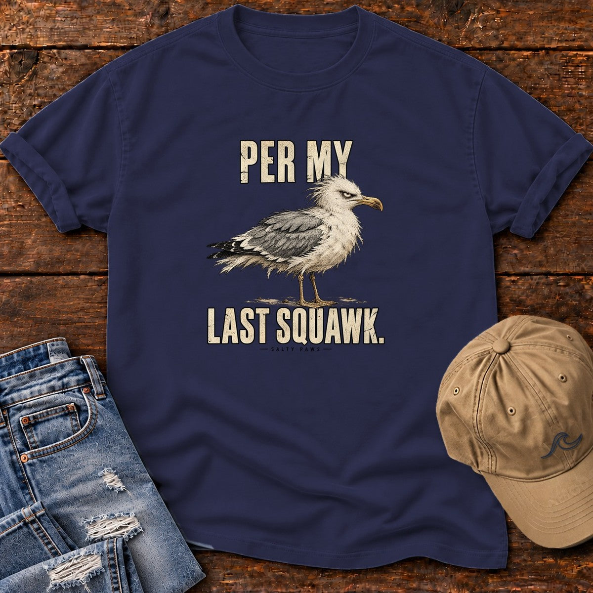 Per My Last Squawk Seagull T-Shirt in True Navy, Salty Paws Comfort Colors T-Shirt, front design flat lay