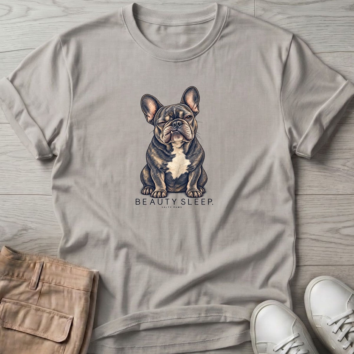 Beauty Sleep French Bulldog T-Shirt in Ice Grey, Salty Paws T-Shirt, front design flat lay