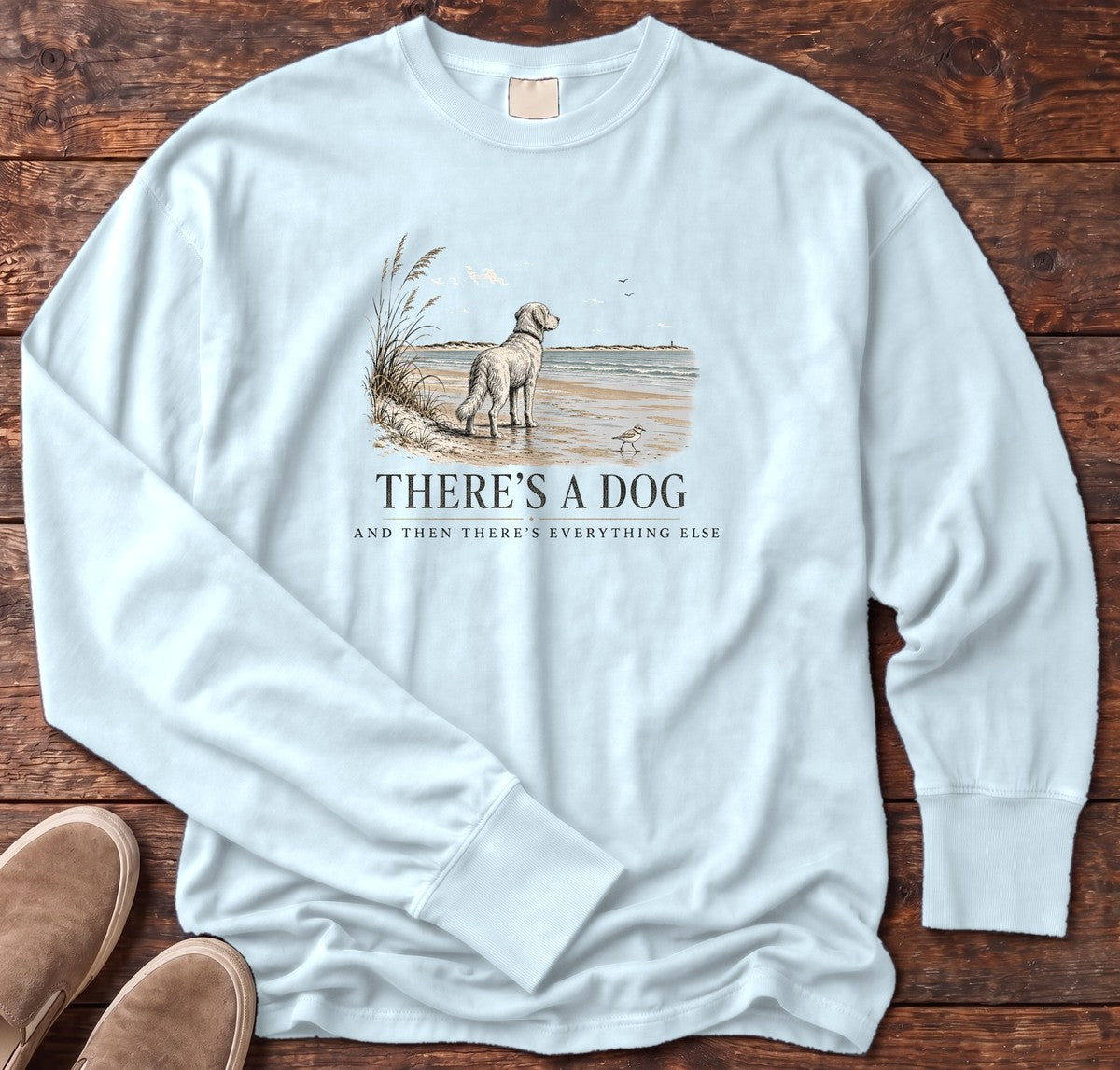 There's a Dog & Everything Else Beach Long Sleeve Tee in Chambray, Salty Paws Comfort Colors long sleeve tee