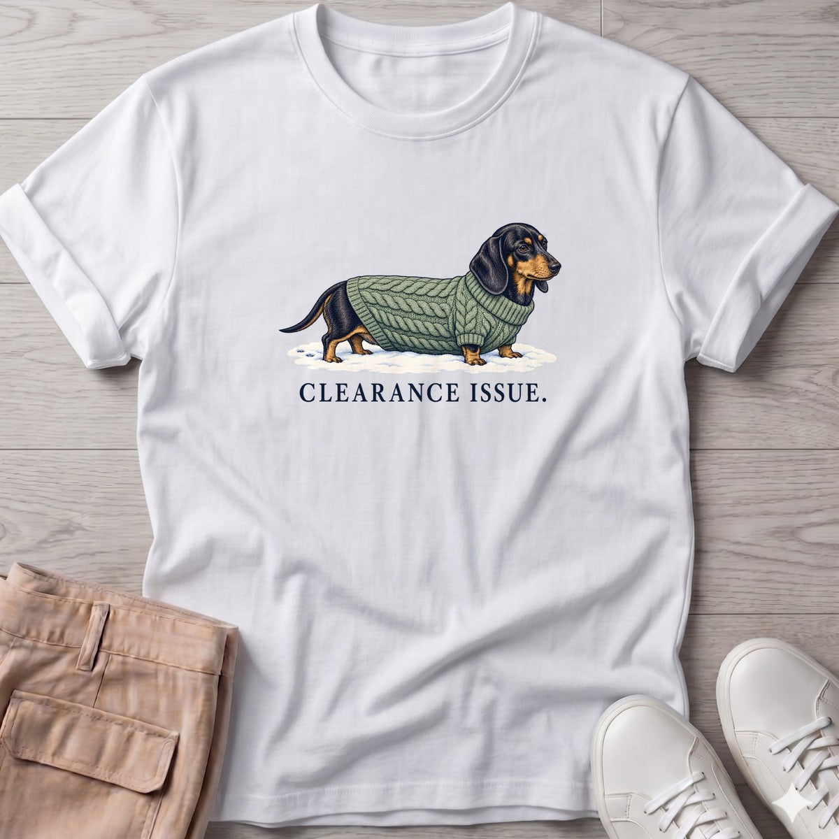 Clearance Issue Dachshund T-Shirt in White, Salty Paws T-Shirt, front design flat lay