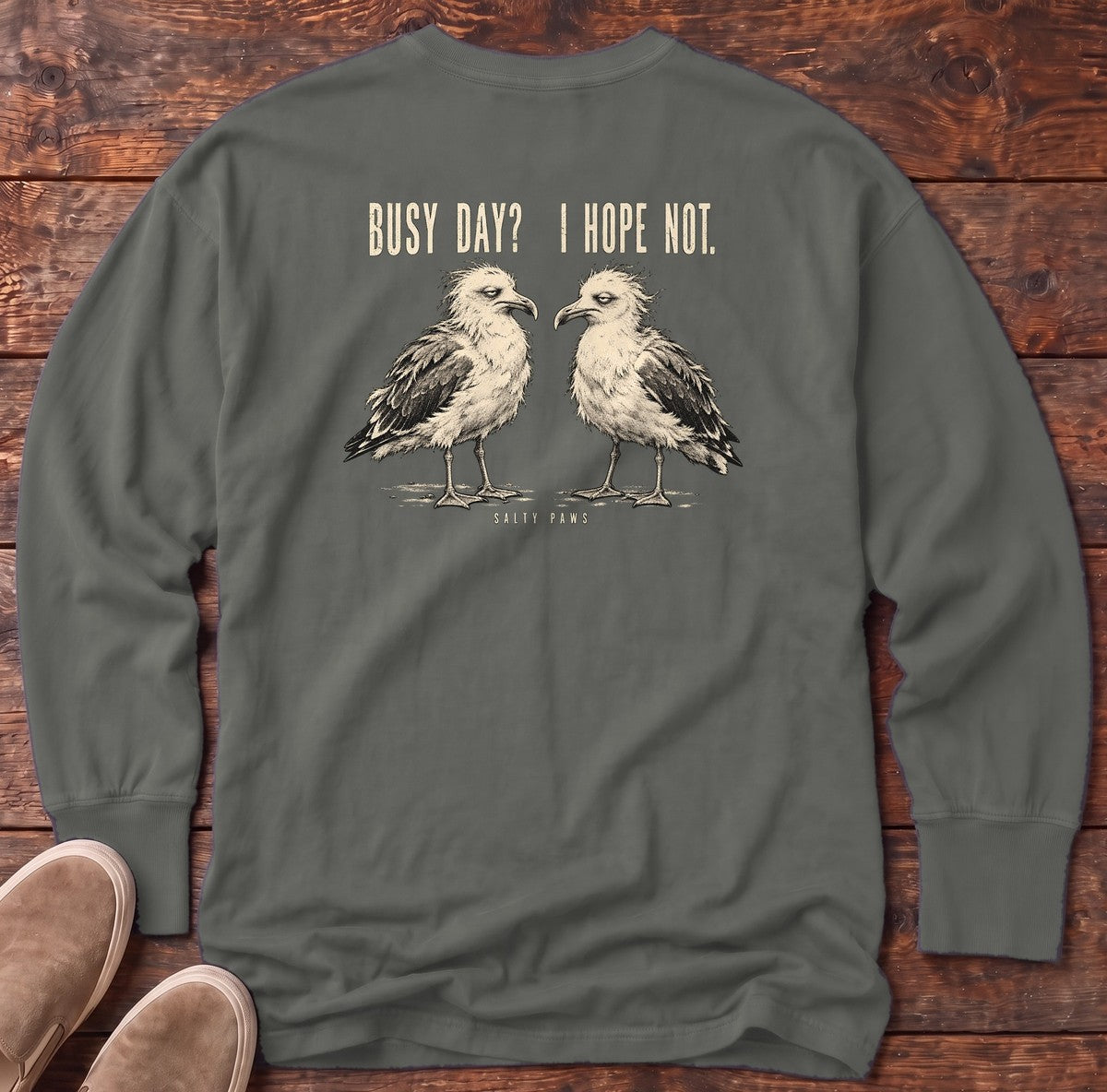 Busy Day Gulls Back Design Long Sleeve Tee in Pepper, Salty Paws Comfort Colors Long Sleeve Tee, back design flat lay