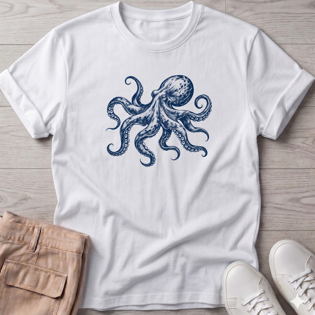 Octopus T-Shirt in White, Salty Paws T-Shirt, front design flat lay