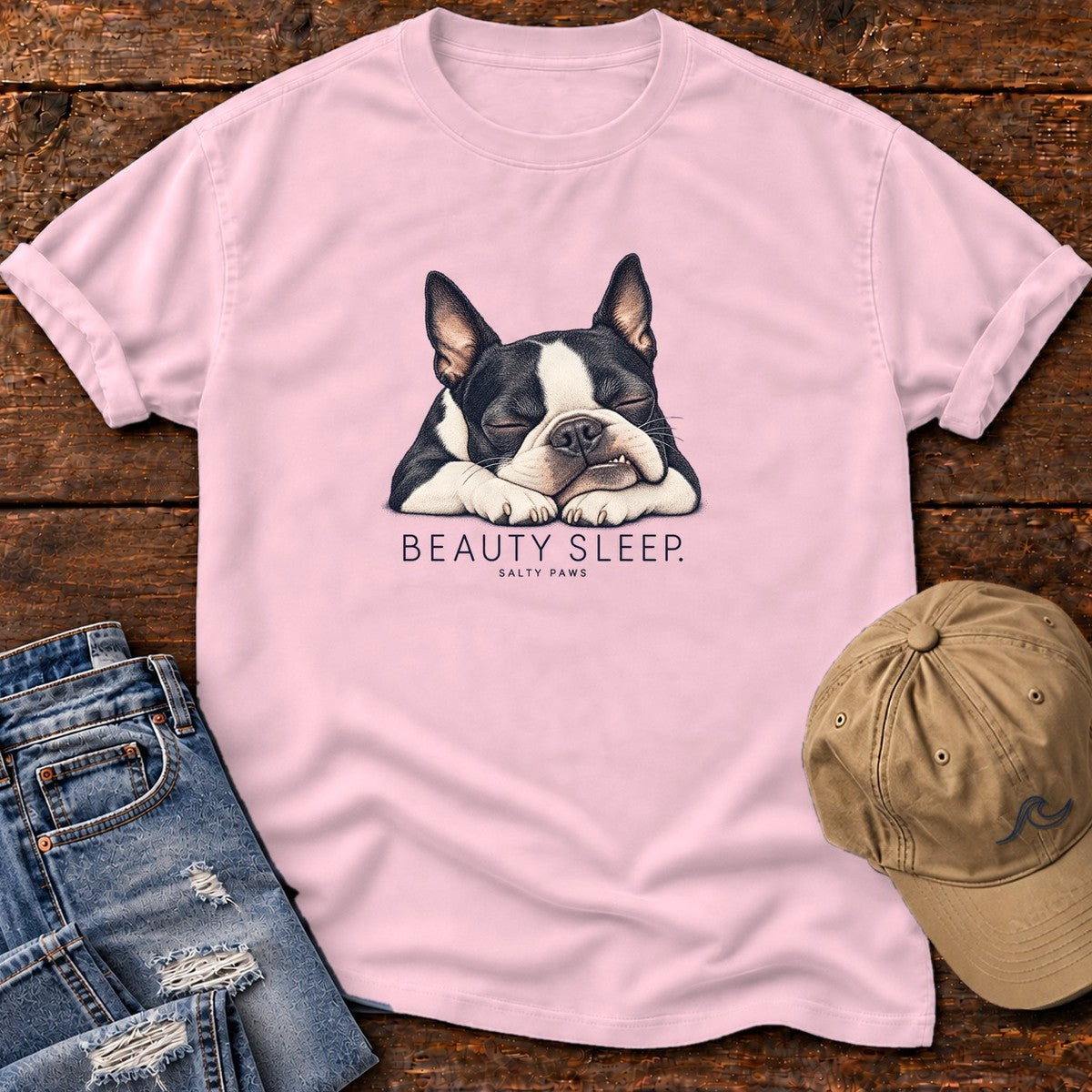 Beauty Sleep Boston Terrier T-Shirt in Blossom, Salty Paws Comfort Colors T-Shirt, front design flat lay