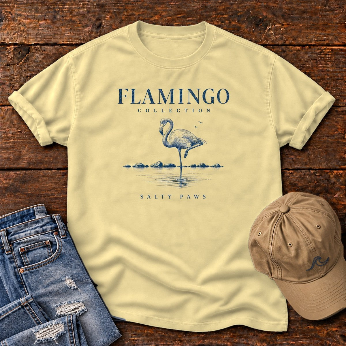 Flamingo Collection Comfort Colors T-Shirt in Butter, front design flat lay