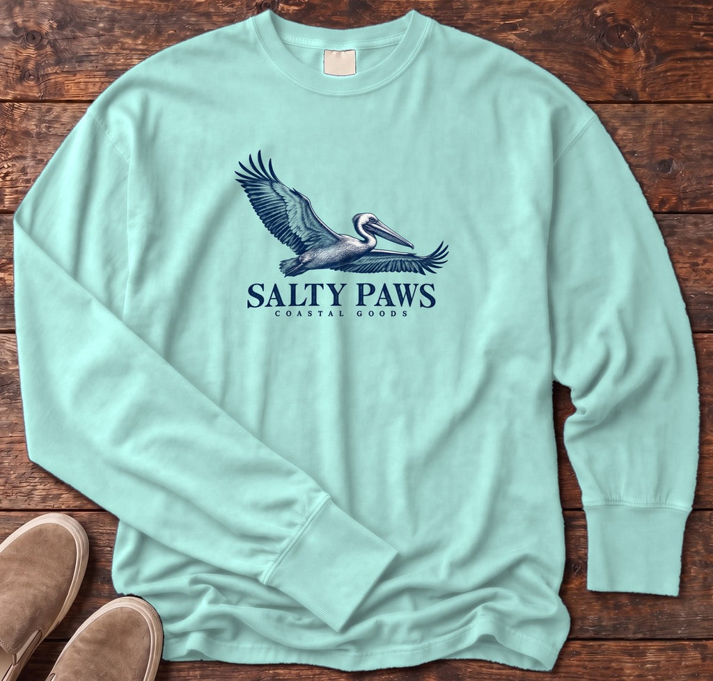 Gliding Pelican Coastal Goods Long Sleeve Tee in Chalky Mint, Salty Paws Comfort Colors Long Sleeve Tee, front design flat lay