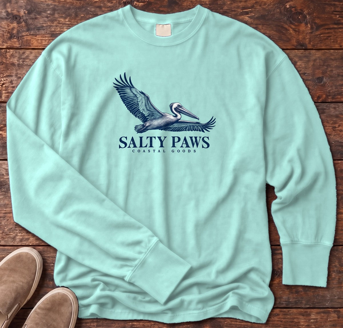 Gliding Pelican Coastal Goods Long Sleeve Tee in Chalky Mint, Salty Paws Comfort Colors Long Sleeve Tee, front design flat lay