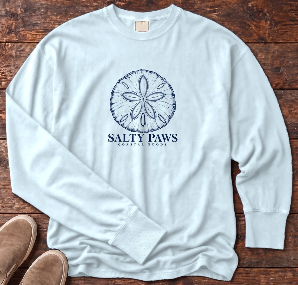 Sand Dollar Long Sleeve Tee in Chambray, Salty Paws Comfort Colors Long Sleeve Tee, front design flat lay