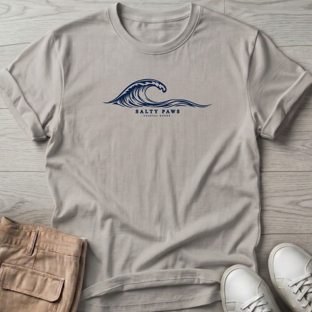 Salty Paws Coastal Wave T-Shirt in Ice Grey, Salty Paws T-Shirt, front design flat lay