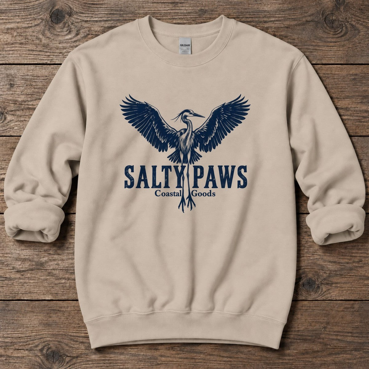Rising Heron Salty Paws Coastal Goods Midweight Sweatshirt in Sand, Salty Paws Midweight Sweatshirt, front design flat lay