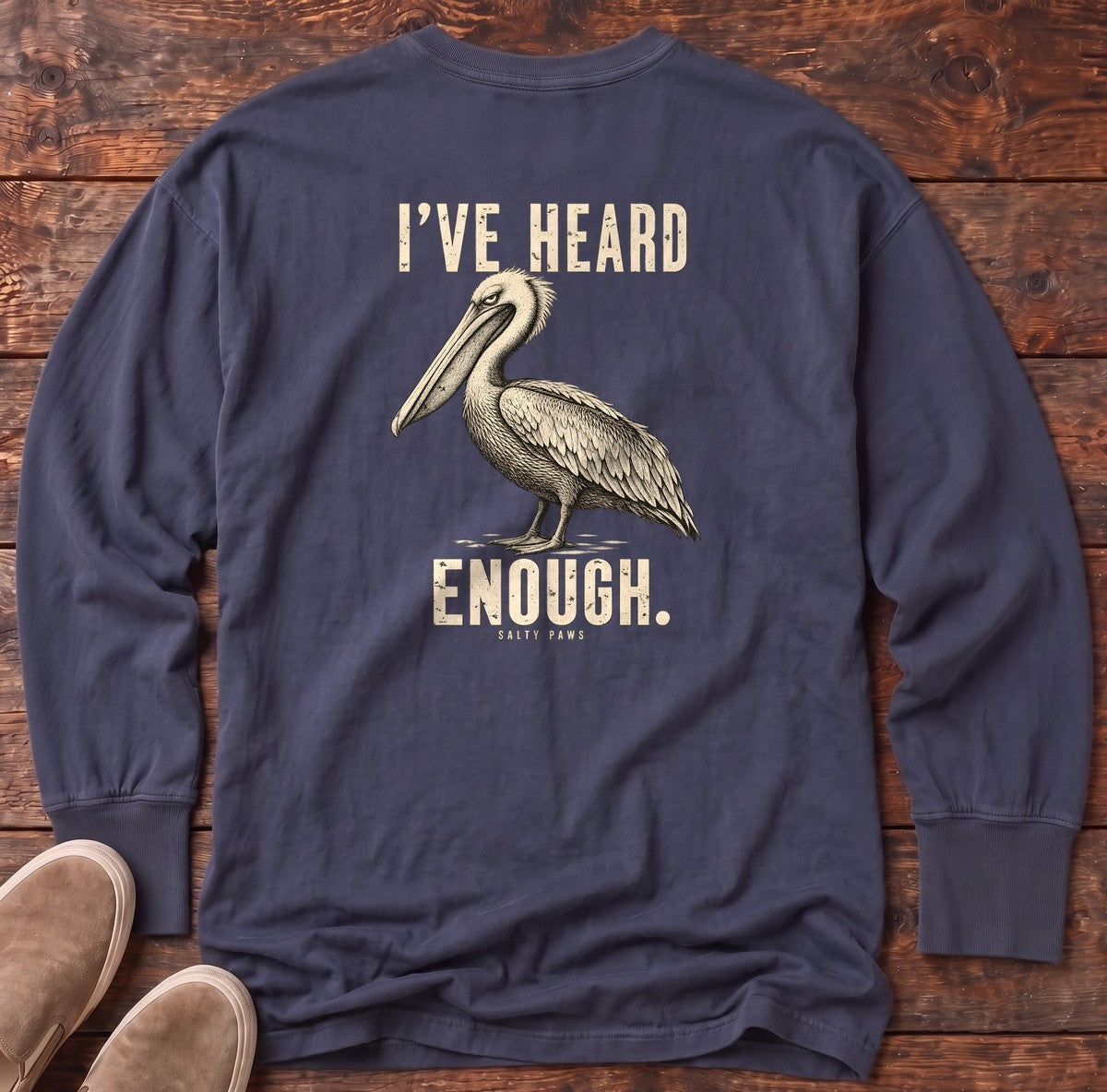I've Heard Enough Pelican Back Design Long Sleeve Tee in True Navy, Salty Paws Comfort Colors Long Sleeve Tee, back design flat lay