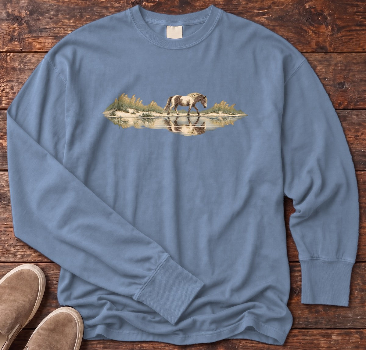 Assateague Pony Long Sleeve Tee in Blue Jean, Salty Paws Comfort Colors long sleeve tee