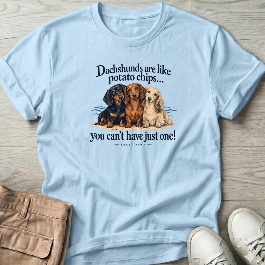 Three Dachshunds Potato Chips T-Shirt in Light Blue, Salty Paws T-Shirt, front design flat lay