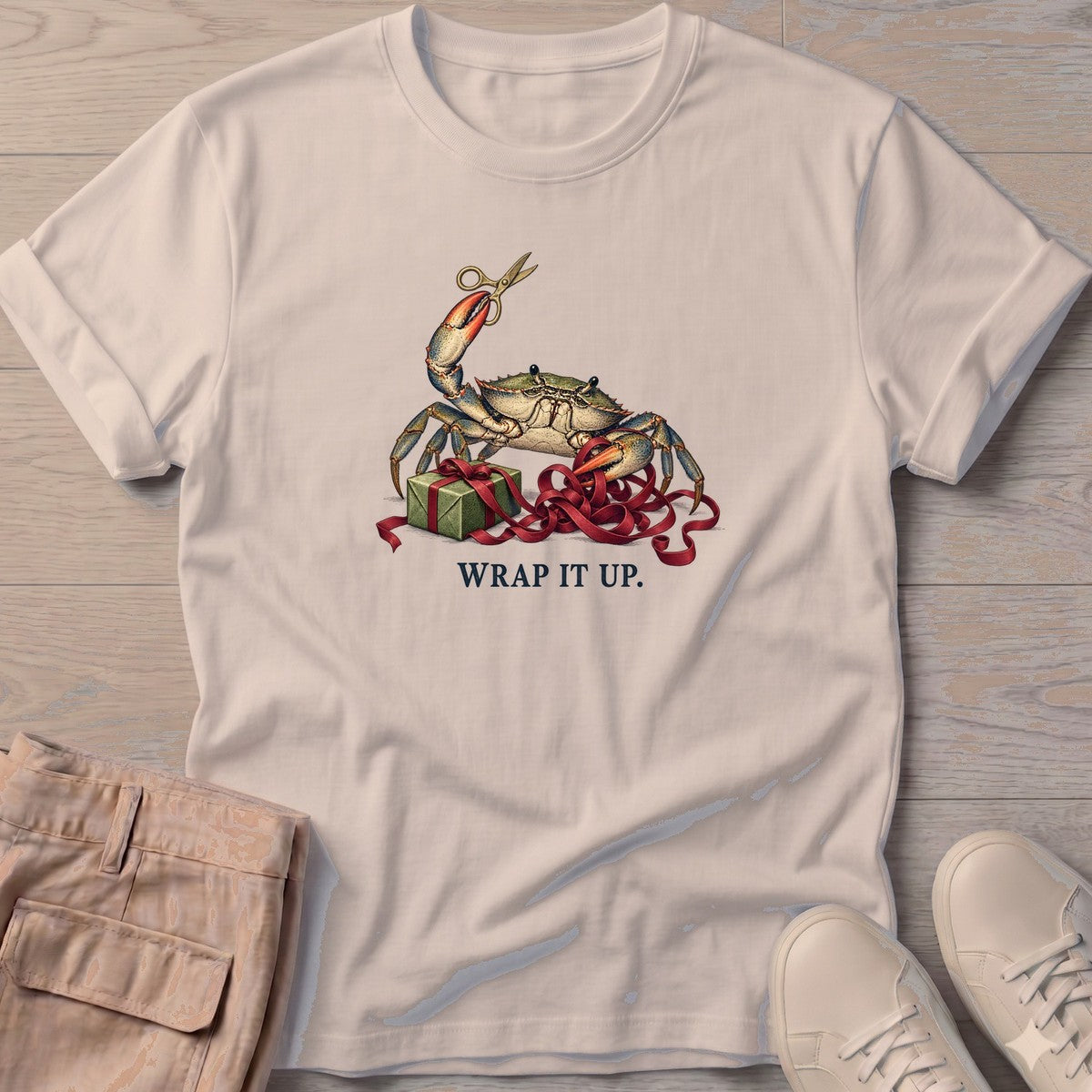 Wrap It Up Crab T-Shirt in Sand, Salty Paws T-Shirt, front design flat lay