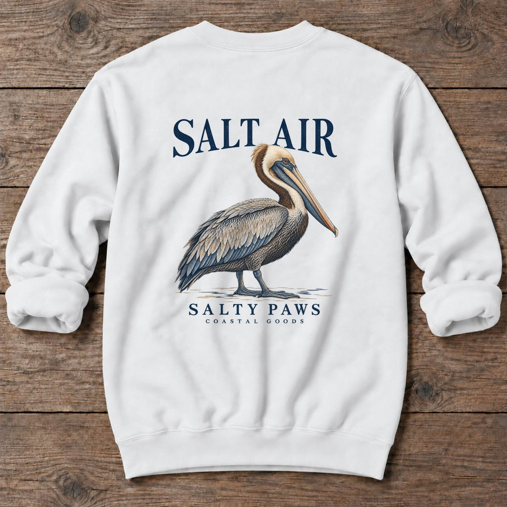 Salt Air Pelican Salty Paws Coastal Goods Back Design Midweight Sweatshirt in White, Salty Paws Midweight Sweatshirt, back design flat lay