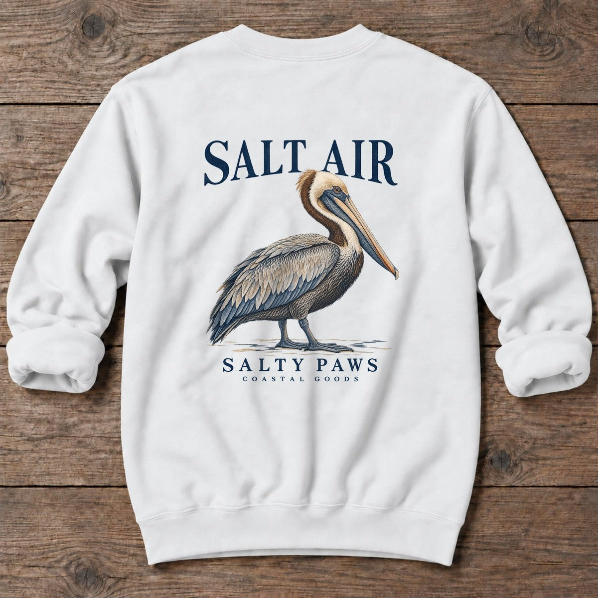 Salt Air Pelican Salty Paws Coastal Goods Back Design Midweight Sweatshirt in White, Salty Paws Midweight Sweatshirt, back design flat lay