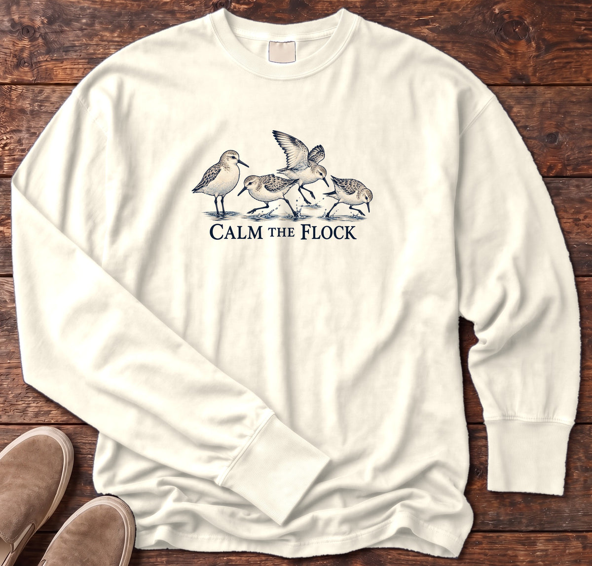 Calm the Flock Sandpipers Long Sleeve Tee in Ivory, Salty Paws Comfort Colors Long Sleeve Tee, front design flat lay