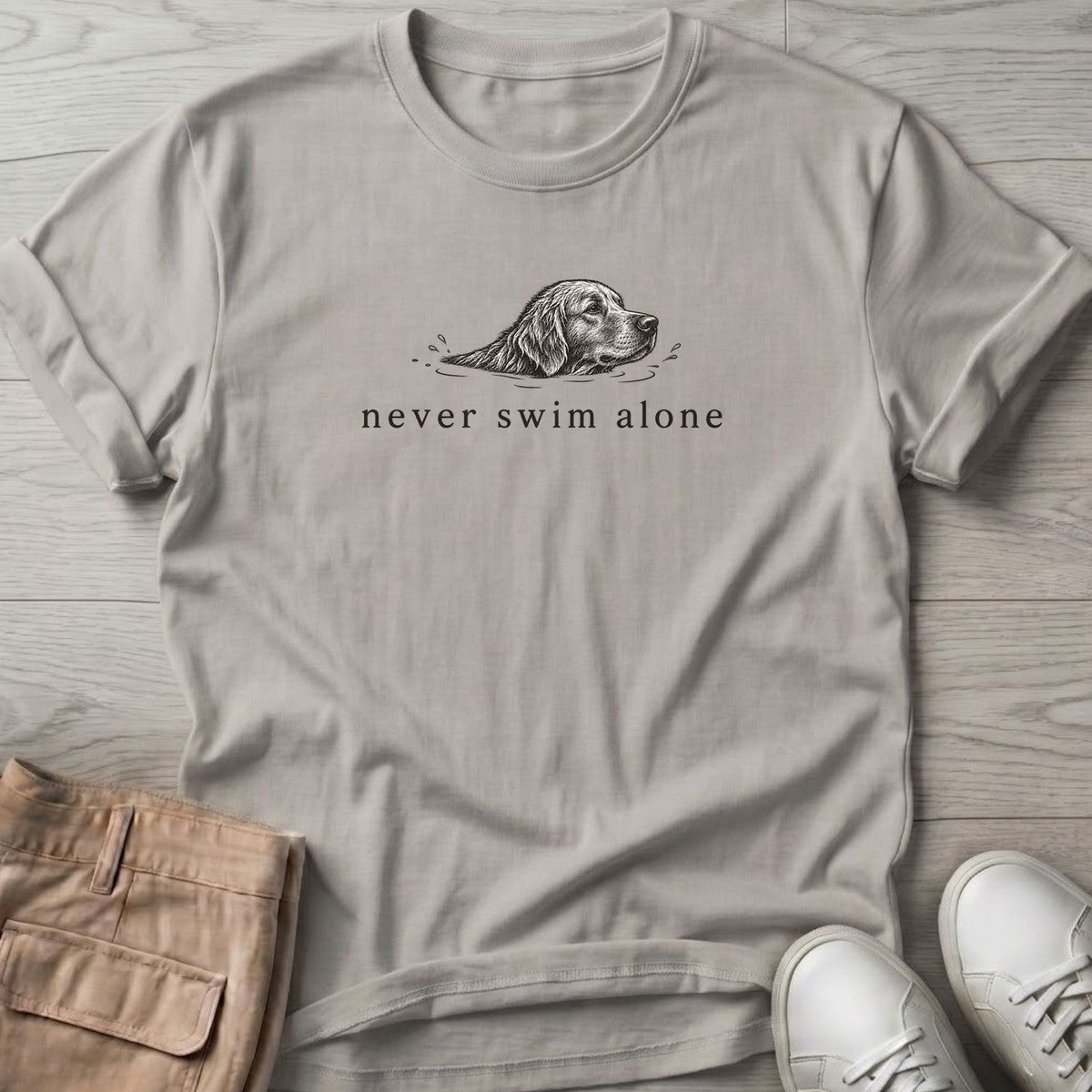 Never Swim Alone Golden Dog T-Shirt in Ice Grey