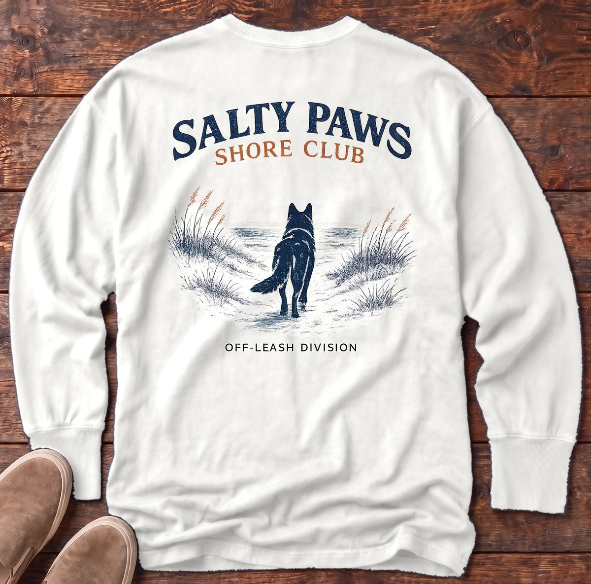 SP Shore Shepherd Back Design Long Sleeve Tee in White, Salty Paws Comfort Colors long sleeve tee