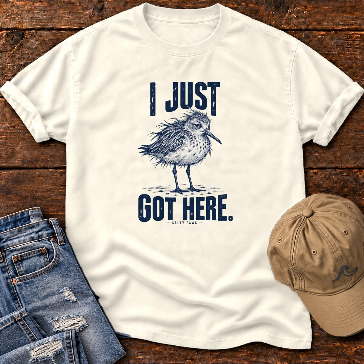 I Just Got Here Sandpiper T-Shirt in Ivory, Salty Paws Comfort Colors T-Shirt, front design flat lay