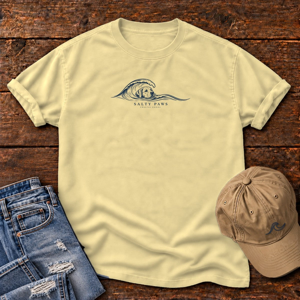 Labrador Wave T-Shirt in Butter, Salty Paws Comfort Colors T-Shirt, front design flat lay