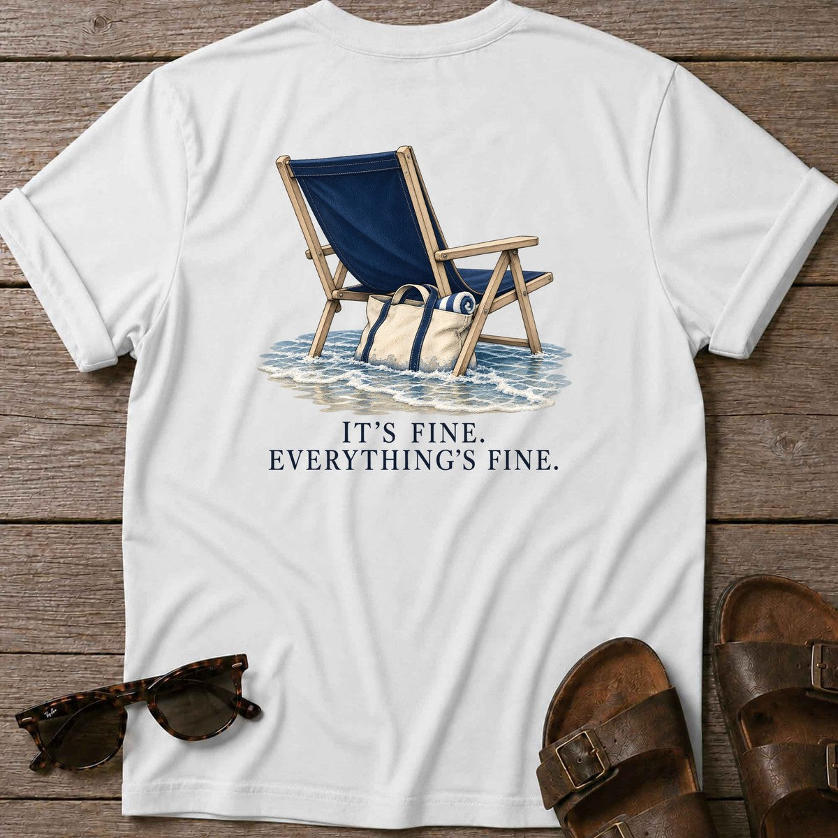 Everything's Fine Beach Chair Back Design T-Shirt in White, Salty Paws T-Shirt, back design flat lay