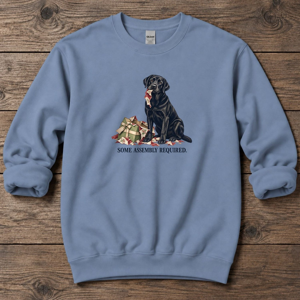 Some Assembly Required Black Lab Midweight Sweatshirt in Stone Blue, Salty Paws Midweight Sweatshirt, front design flat lay