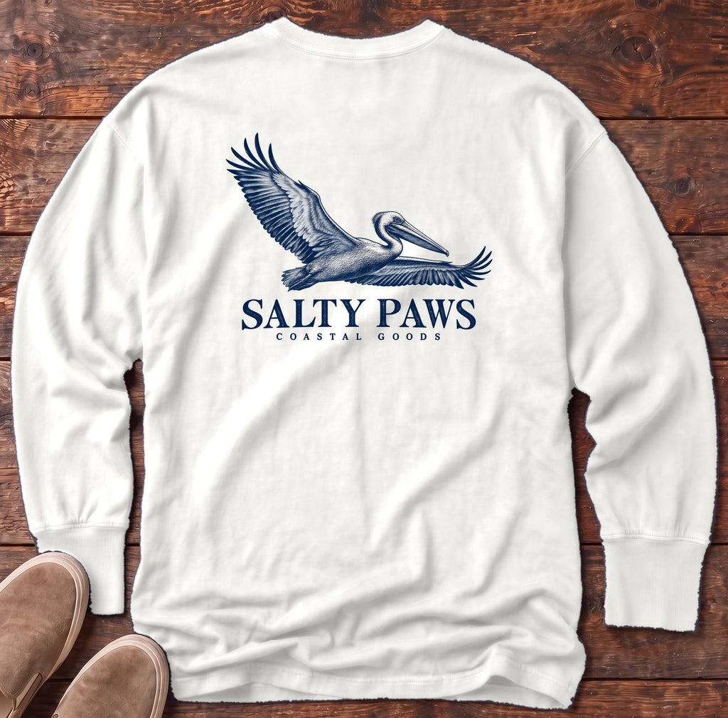 Gliding Pelican Coastal Goods Back Design Long Sleeve Tee in White, Salty Paws Comfort Colors Long Sleeve Tee, back design flat lay