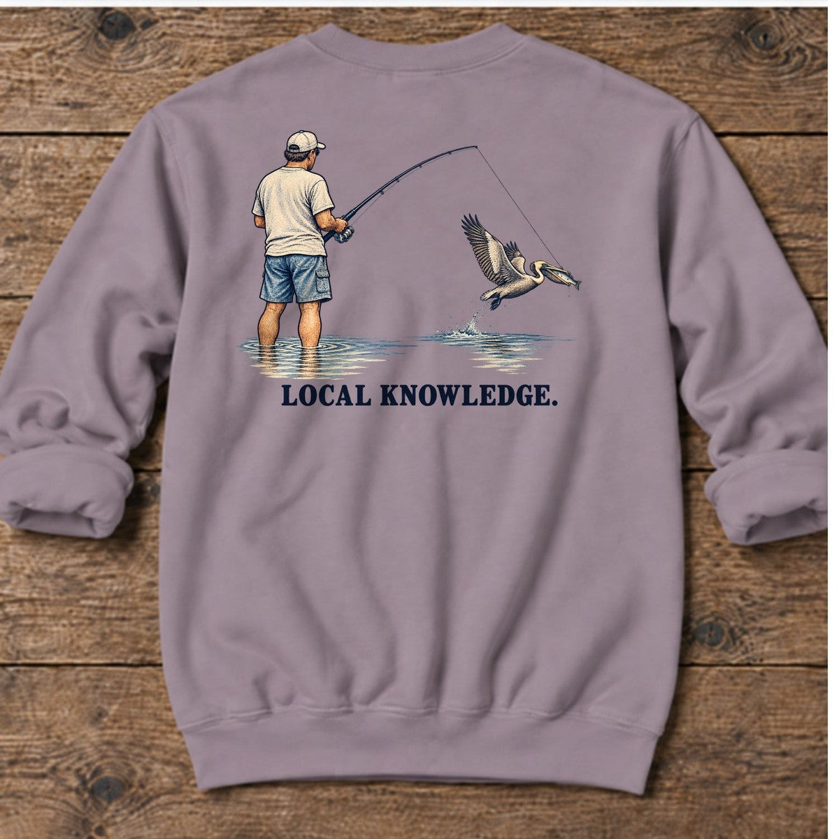 Local Knowledge Pelican Back Design Midweight Sweatshirt in Paragon, Salty Paws Midweight Sweatshirt, back design flat lay