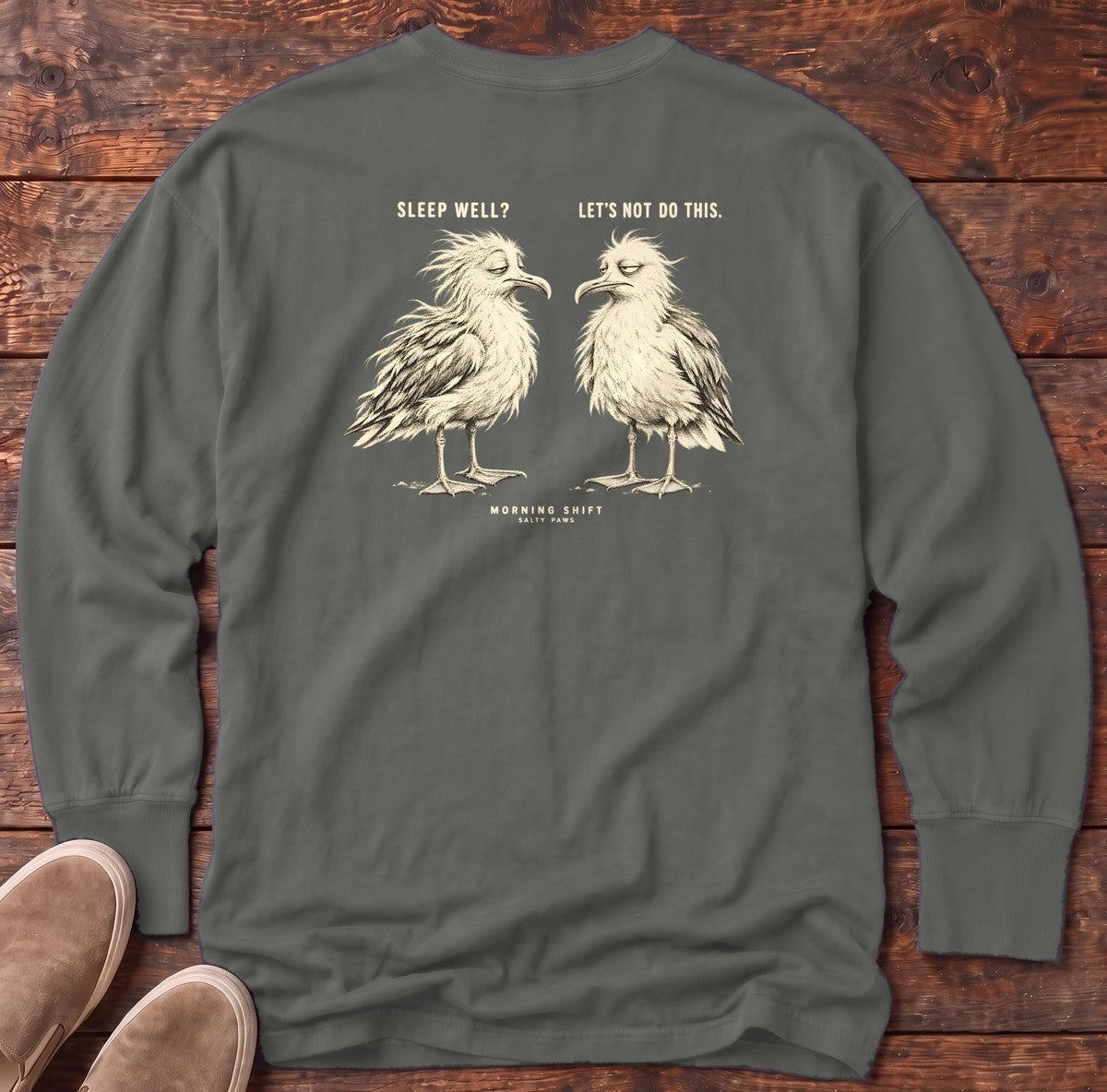 Morning Shift Gulls Back Design Long Sleeve Tee in Pepper, Salty Paws Comfort Colors Long Sleeve Tee, back design flat lay