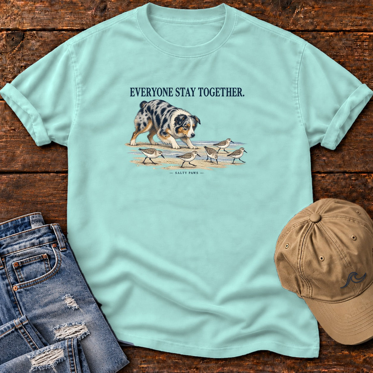 Everyone Stay Together Australian Shepherd T-Shirt in Chalky Mint, Salty Paws Comfort Colors T-Shirt, front design flat lay