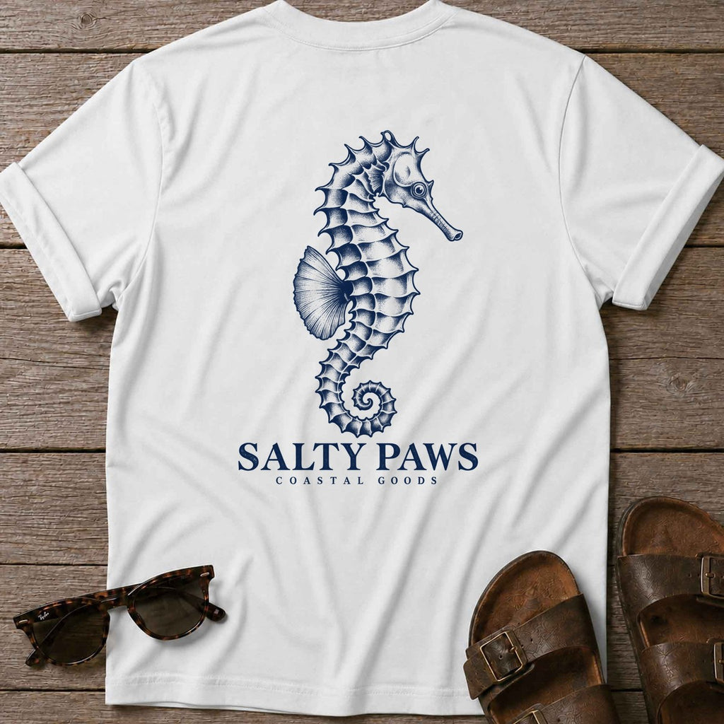 Seahorse Coastal Goods Back Design T-Shirt in White, Salty Paws T-Shirt, back design flat lay