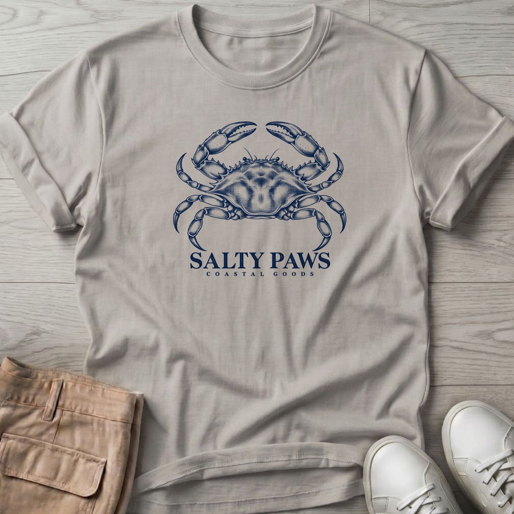 Blue Crab Coastal Goods T-Shirt in Ice Grey, Salty Paws T-Shirt, front design flat lay