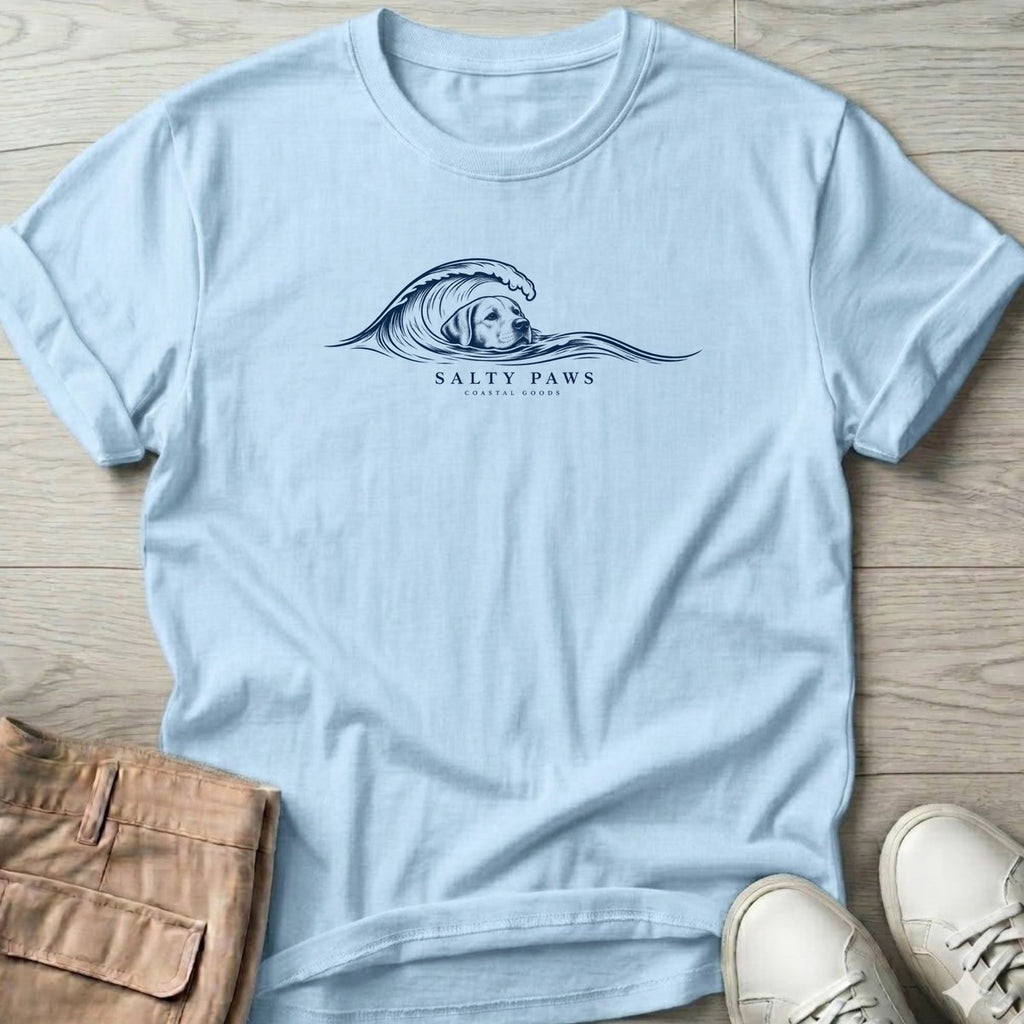 Labrador Wave T-Shirt in Light Blue, Salty Paws T-Shirt, front design flat lay