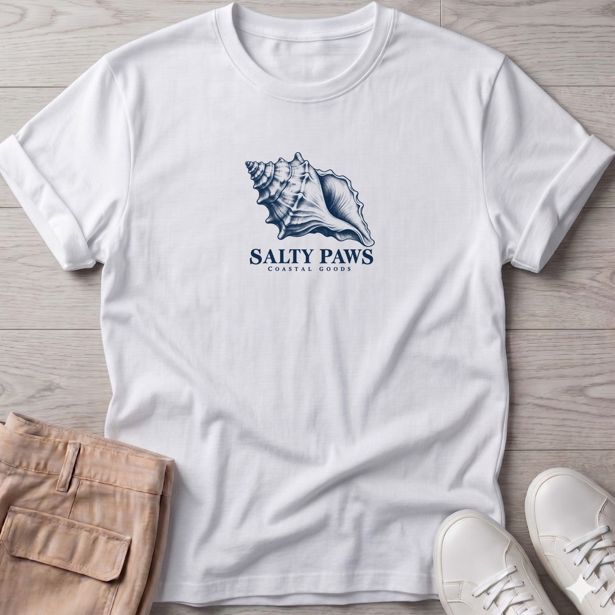 Conch Shell T-Shirt in White, Salty Paws T-Shirt, front design flat lay
