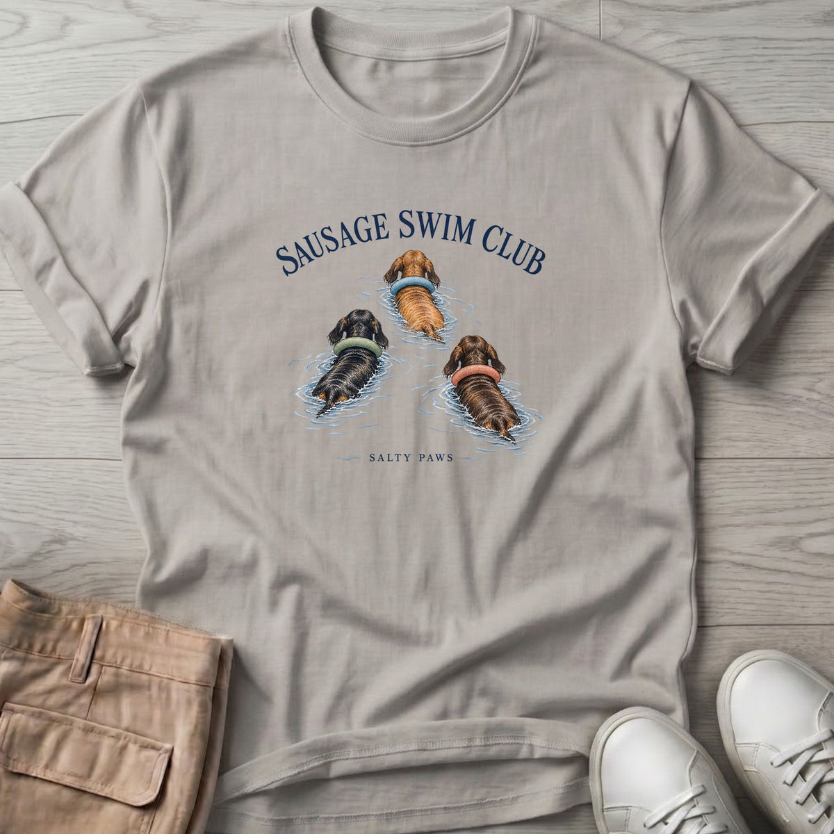 Sausage Swim Club Dachshund Trio T-Shirt in Ice Grey, Salty Paws T-Shirt, front design flat lay