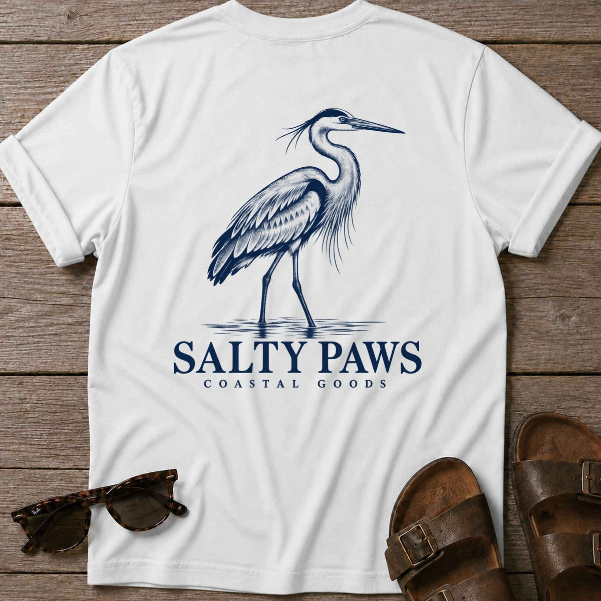Great Blue Heron Coastal Goods Back Design T-Shirt in White, Salty Paws T-Shirt, back design flat lay