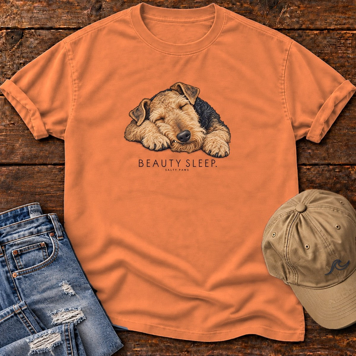 Beauty Sleep Airedale Terrier T-Shirt in Burnt Orange, Salty Paws Comfort Colors T-Shirt, front design flat lay
