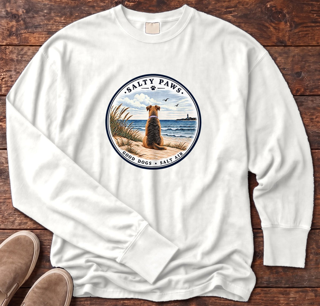 Good Dogs Salt Air Airedale Long Sleeve Tee in White, Salty Paws Comfort Colors Long Sleeve Tee, front design flat lay