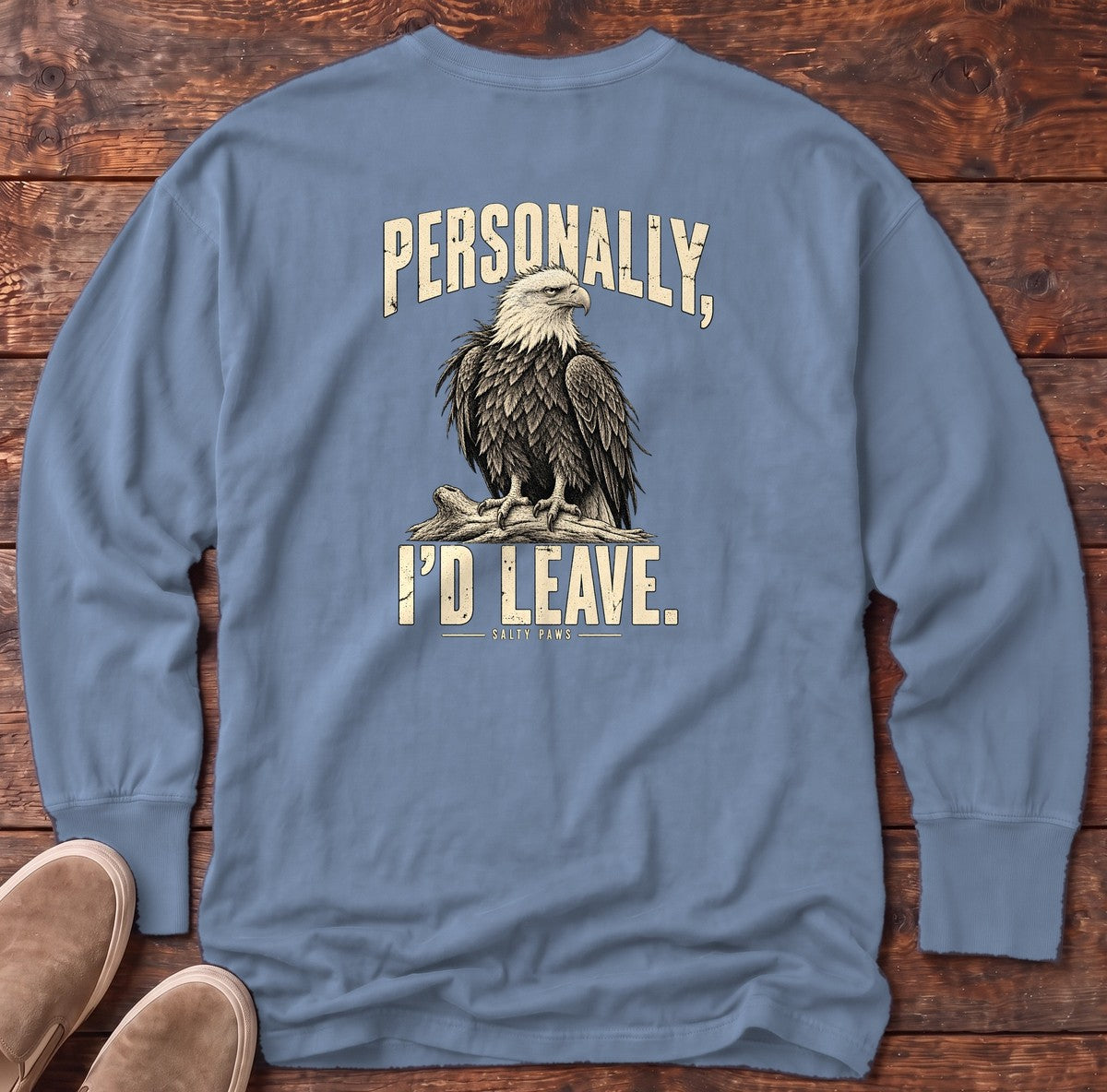 Personally I'd Leave Eagle Back Design Long Sleeve Tee in Blue Jean, Salty Paws Comfort Colors Long Sleeve Tee, back design flat lay