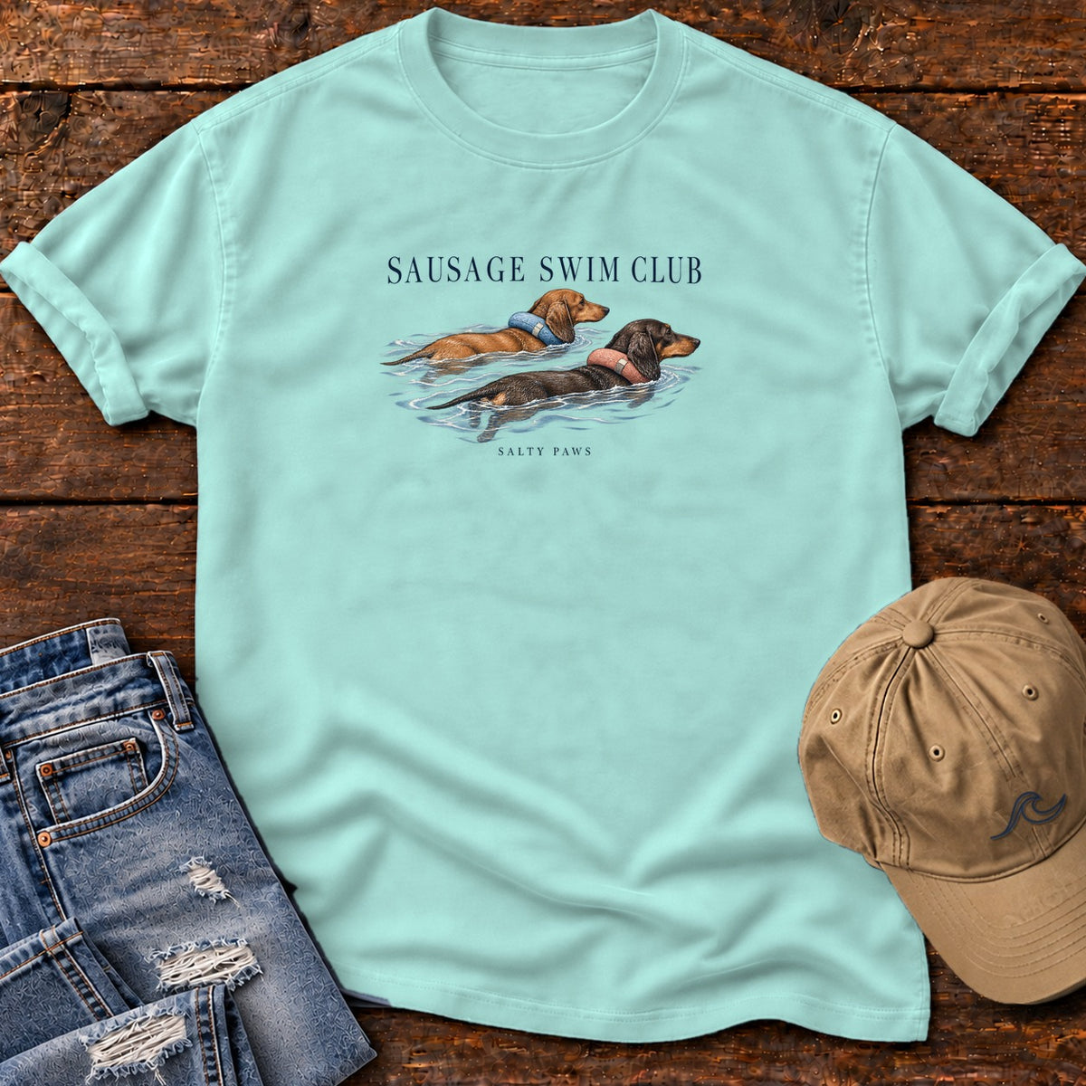 Sausage Swim Club Dachshunds T-Shirt in Chalky Mint, Salty Paws Comfort Colors T-Shirt, front design flat lay