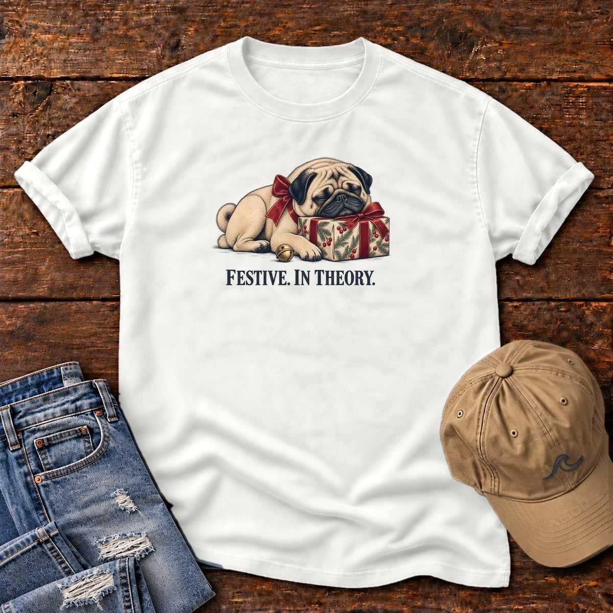 Festive in Theory Pug T-Shirt in White, Salty Paws Comfort Colors T-Shirt, front design flat lay
